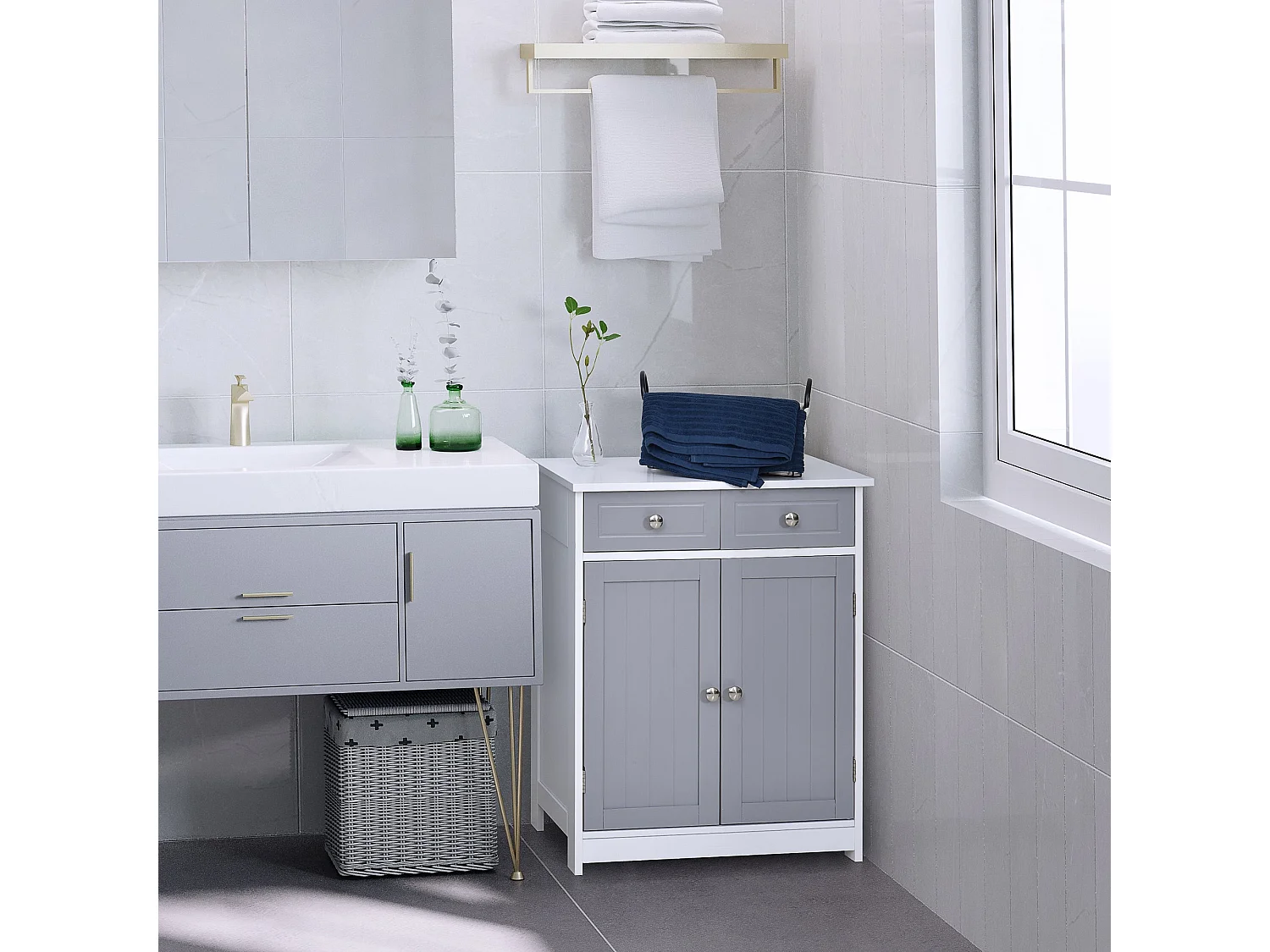 Lufili Freestanding Bathroom Storage Unit 2 Drawers and Cupboard Grey and White