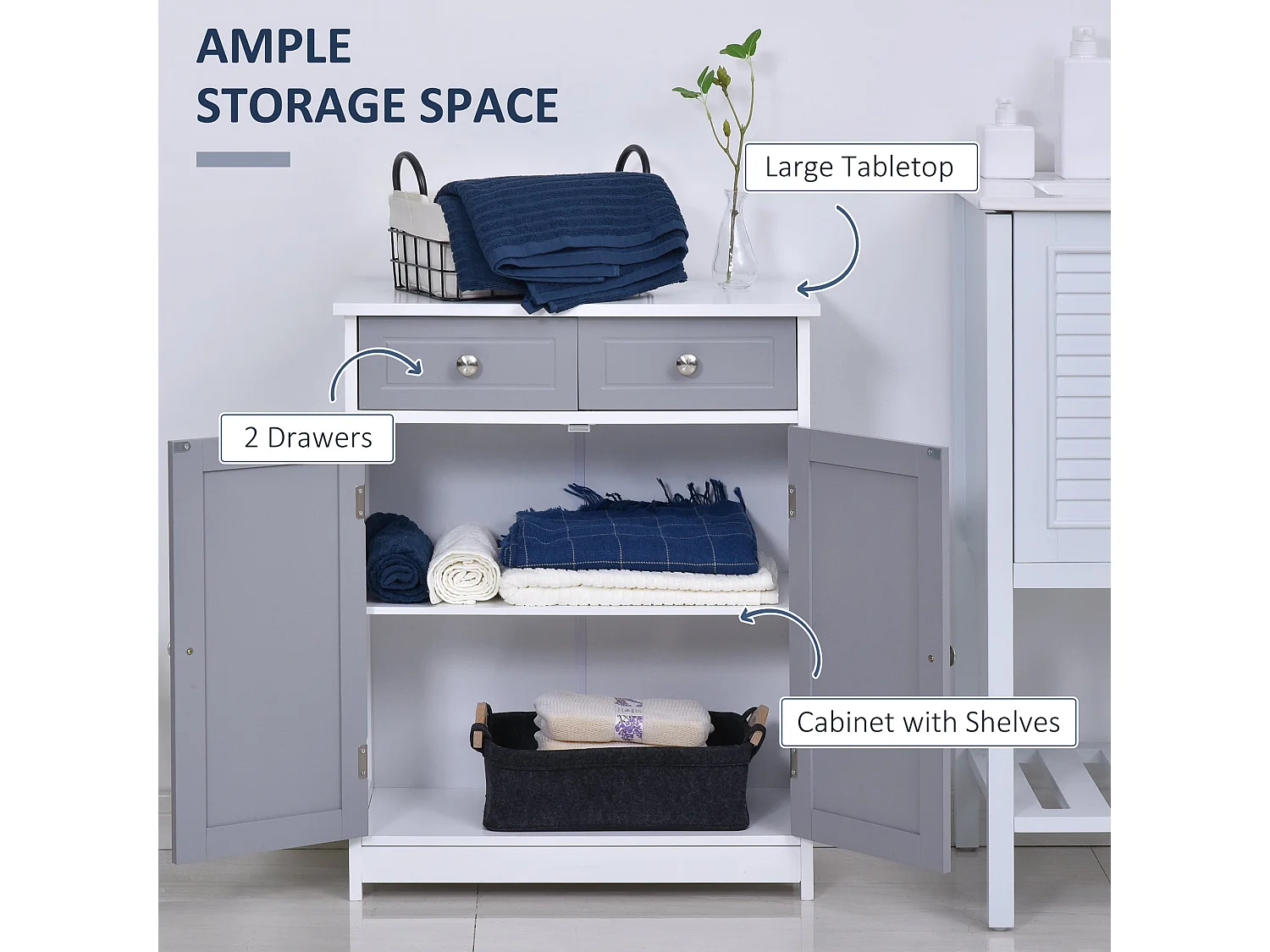 Lufili Freestanding Bathroom Storage Unit 2 Drawers and Cupboard Grey and White