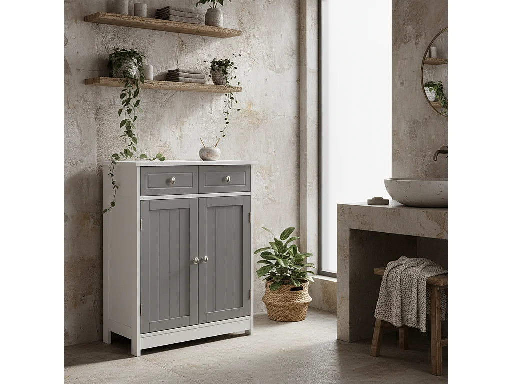 Lufili Freestanding Bathroom Storage Unit 2 Drawers and Cupboard Grey and White