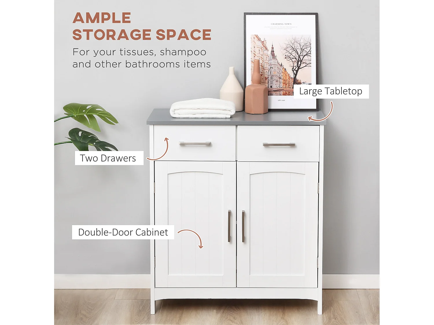 Tova White Bathroom Cabinet 2 Drawers Double Doors Adjustable Shelves