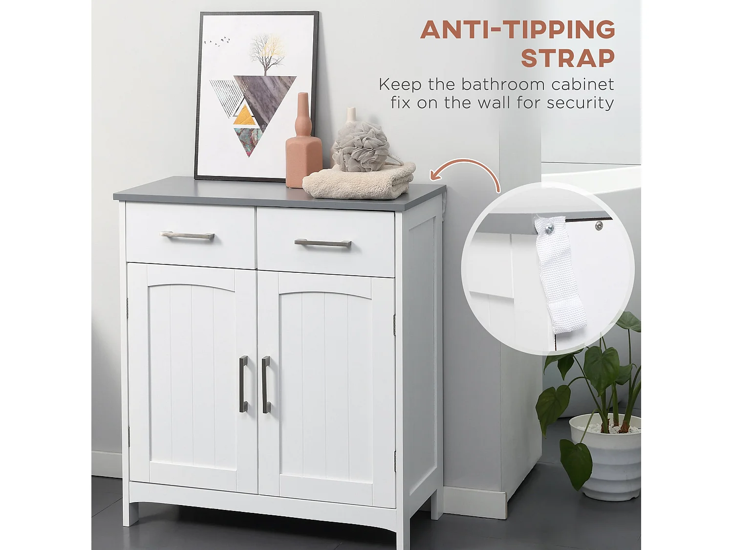 Tova White Bathroom Cabinet 2 Drawers Double Doors Adjustable Shelves