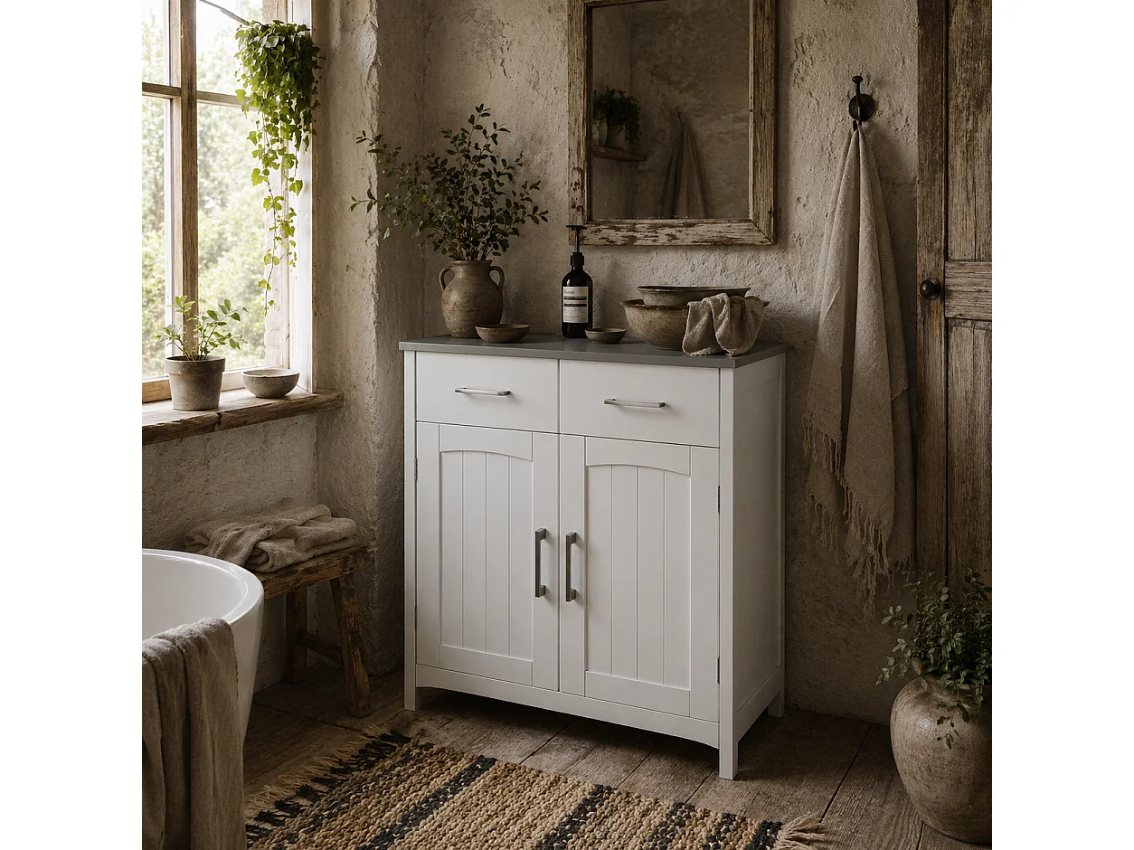 Tova White Bathroom Cabinet 2 Drawers Double Doors Adjustable Shelves