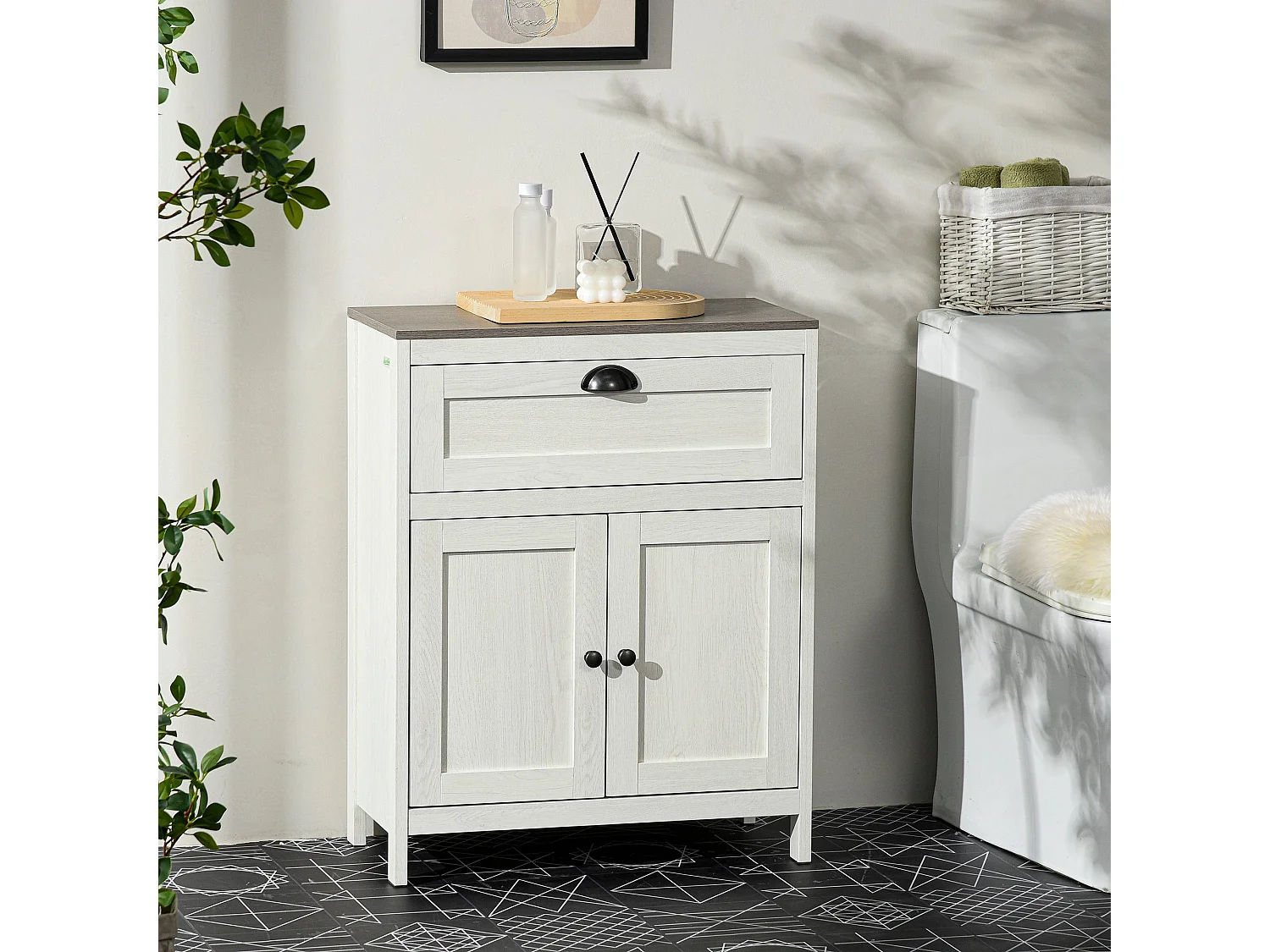 Sunoli Antique White and Grey Freestanding Bathroom Cabinet Drawer Double Doors Adjustable Shelves