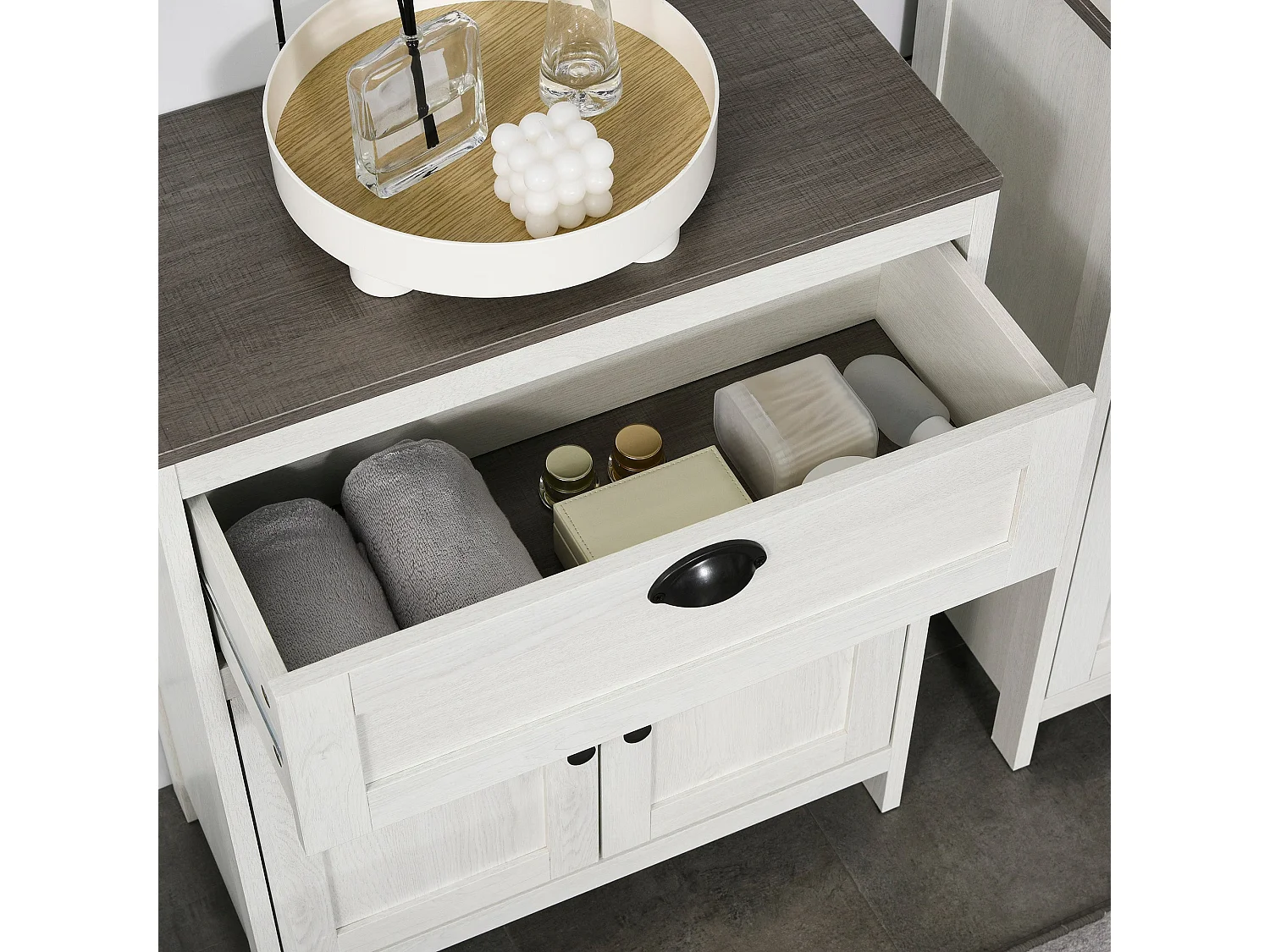 Sunoli Antique White and Grey Freestanding Bathroom Cabinet Drawer Double Doors Adjustable Shelves