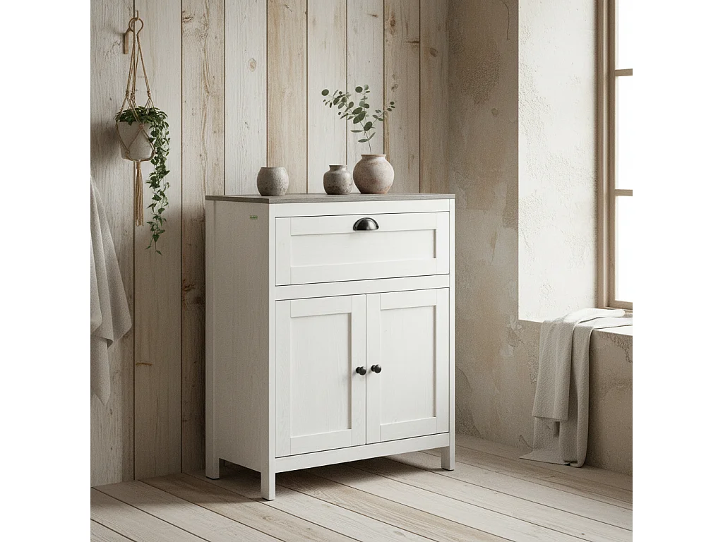 Sunoli Antique White and Grey Freestanding Bathroom Cabinet Drawer Double Doors Adjustable Shelves