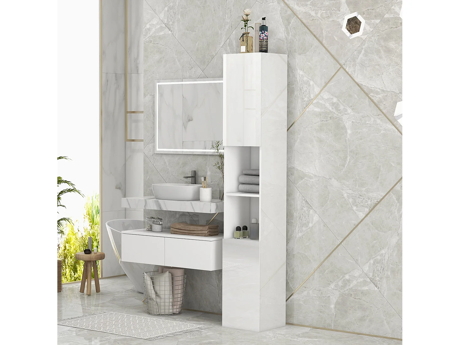 Yoco High Gloss White Freestanding Bathroom Storage Cabinet Slim 181.5cm with Doors and Adjustable Shelves