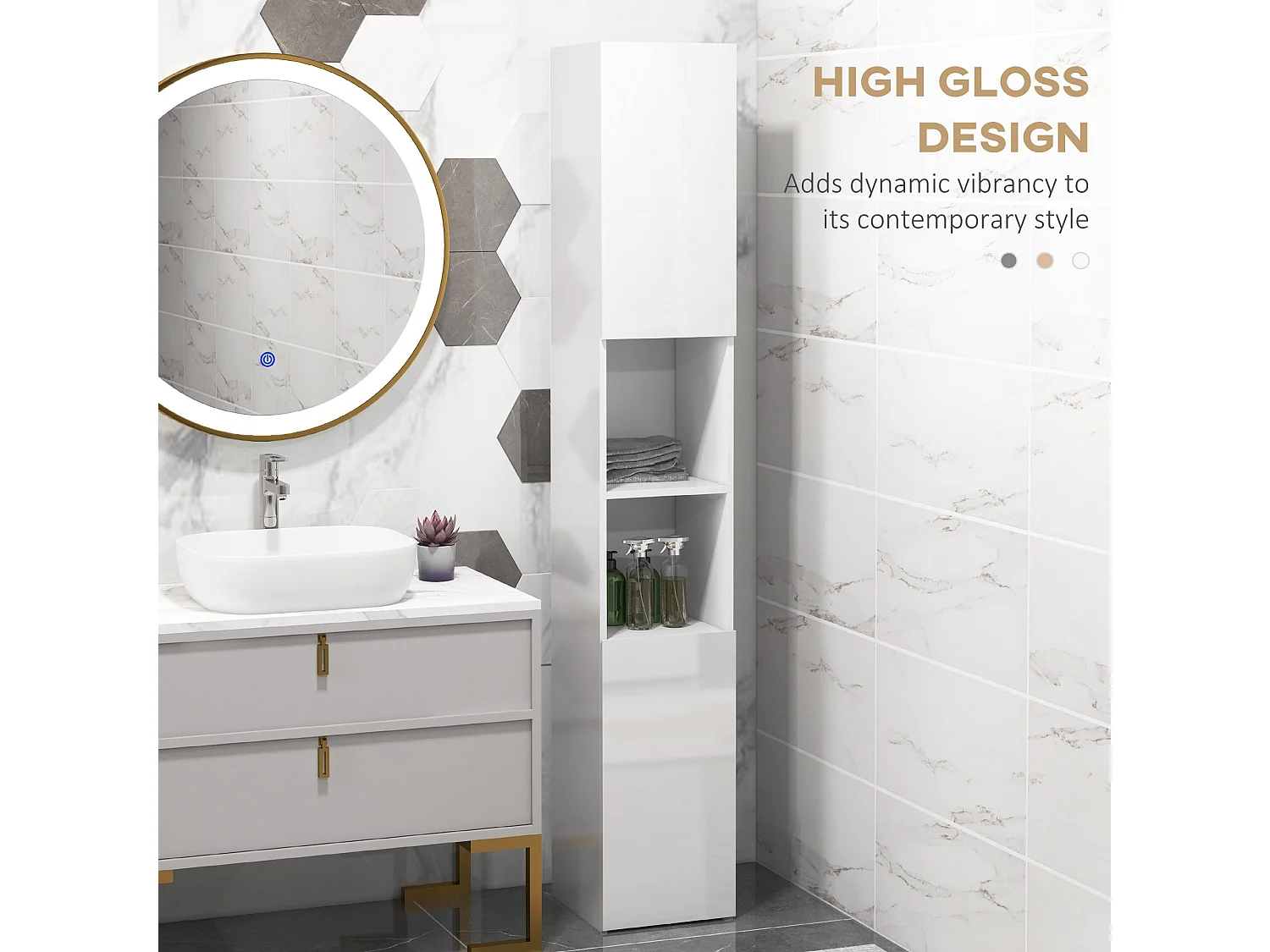 Yoco High Gloss White Freestanding Bathroom Storage Cabinet Slim 181.5cm with Doors and Adjustable Shelves