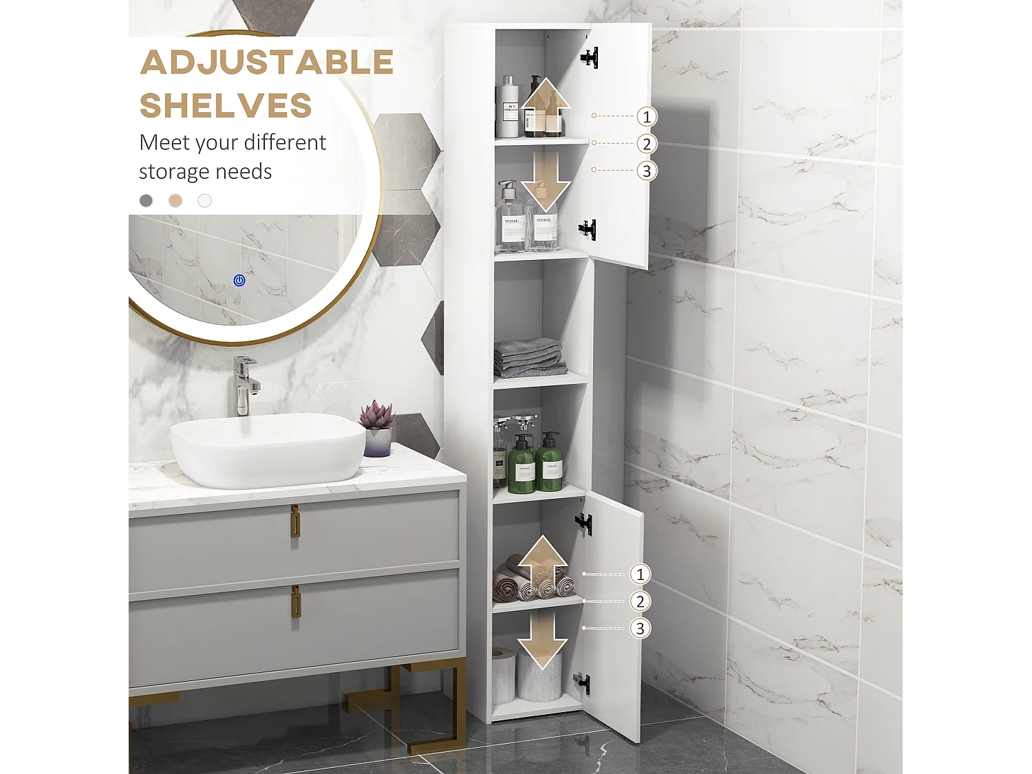 Yoco High Gloss White Freestanding Bathroom Storage Cabinet Slim 181.5cm with Doors and Adjustable Shelves
