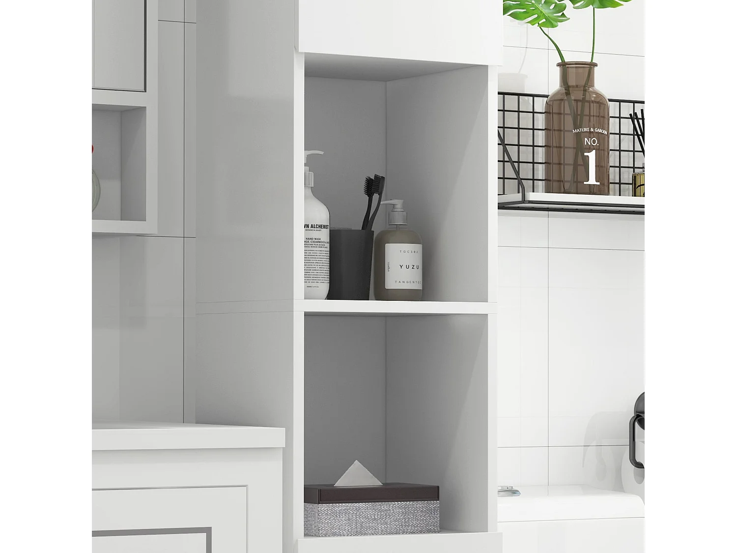 Yoco High Gloss White Freestanding Bathroom Storage Cabinet Slim 181.5cm with Doors and Adjustable Shelves