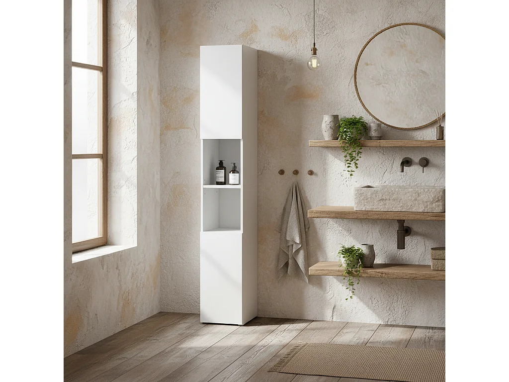 Yoco High Gloss White Freestanding Bathroom Storage Cabinet Slim 181.5cm with Doors and Adjustable Shelves