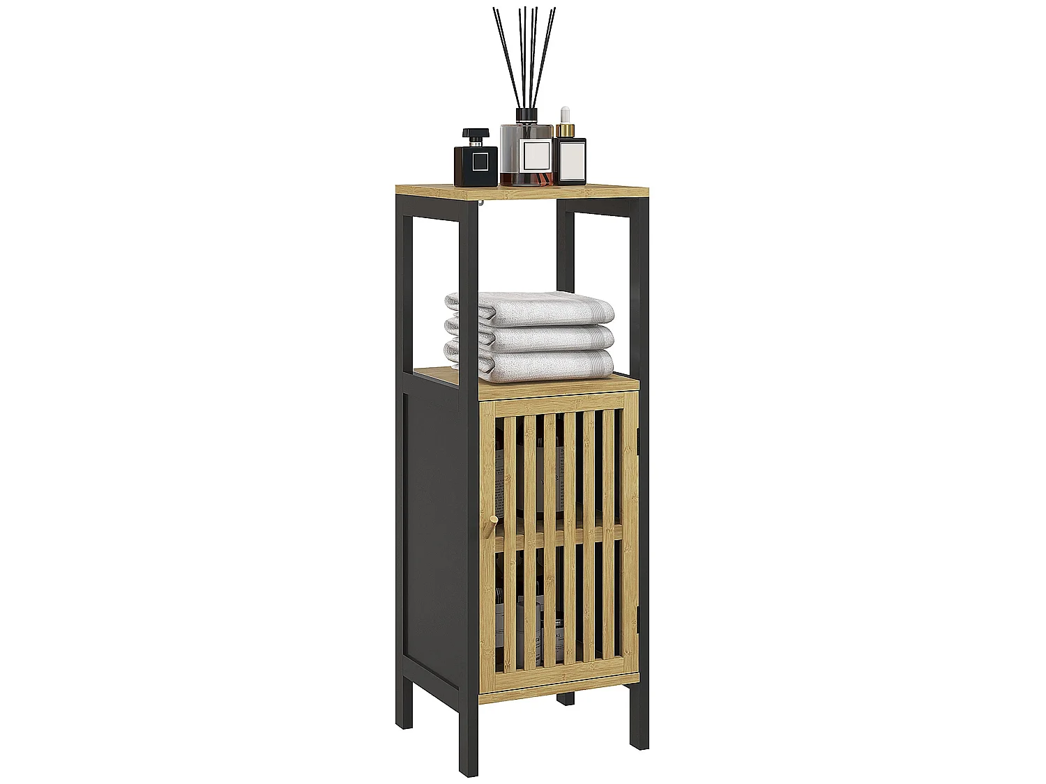 Lettari Retro Bamboo Style Bathroom Storage Cabinet Black and Natural 32 x 90.5 x 30cm