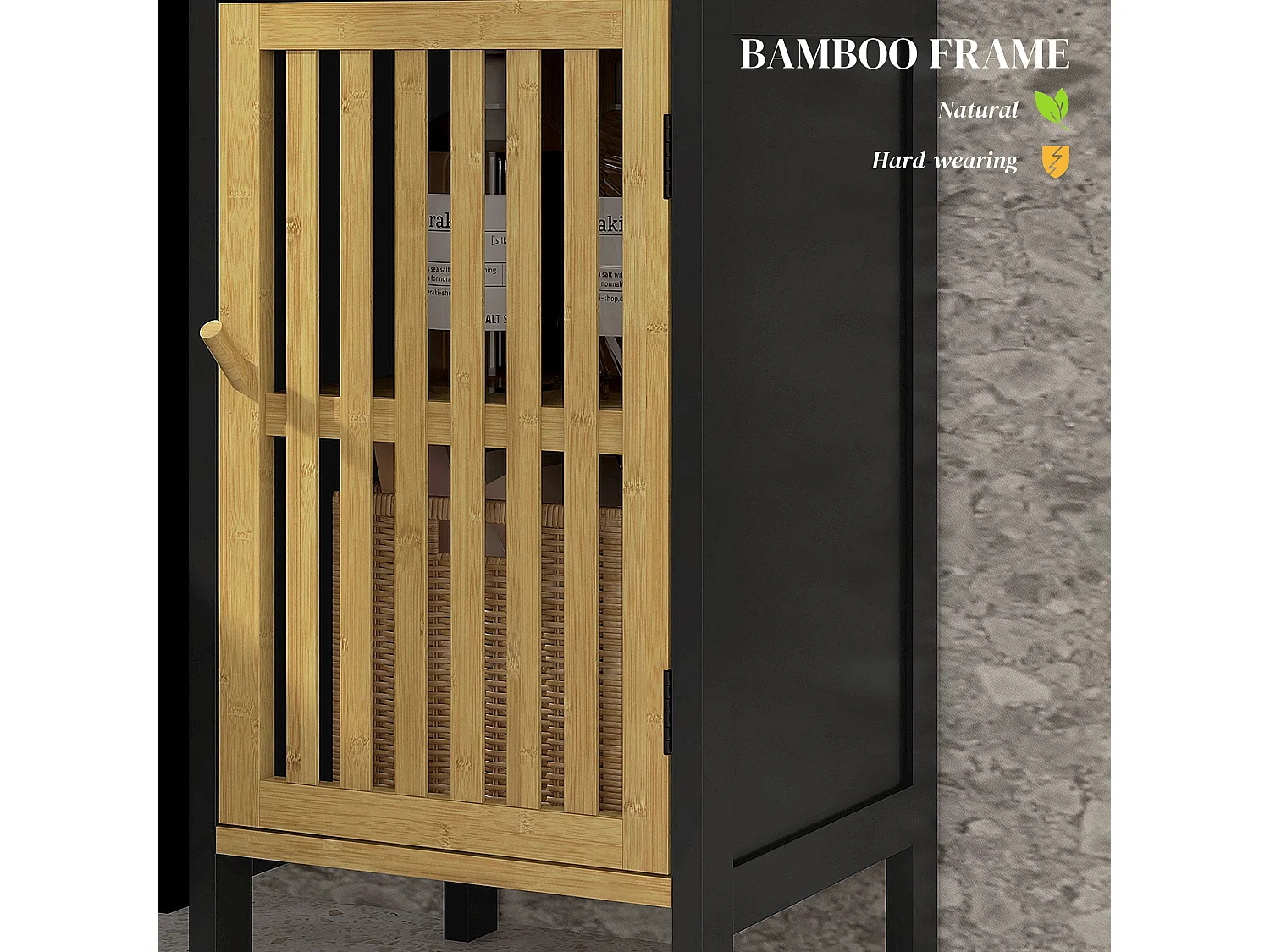 Lettari Retro Bamboo Style Bathroom Storage Cabinet Black and Natural 32 x 90.5 x 30cm