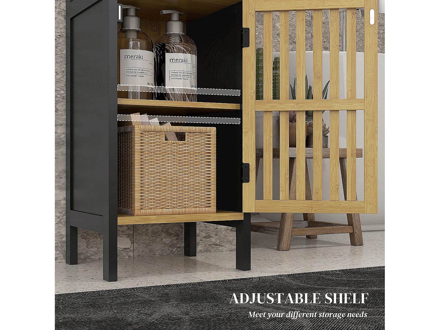 Lettari Retro Bamboo Style Bathroom Storage Cabinet Black and Natural 32 x 90.5 x 30cm
