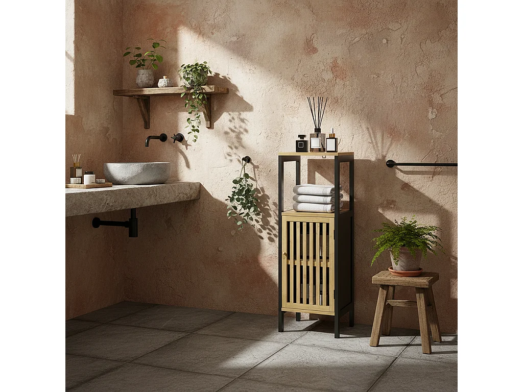 Lettari Retro Bamboo Style Bathroom Storage Cabinet Black and Natural 32 x 90.5 x 30cm