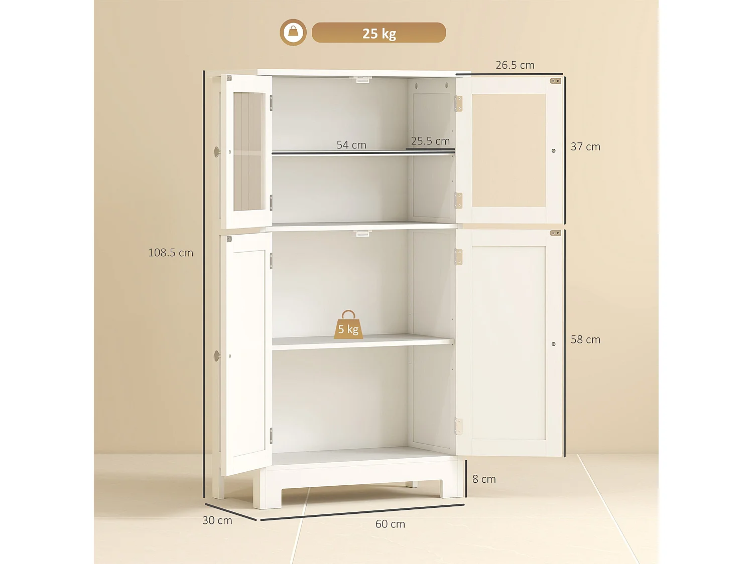 Morreta Freestanding Storage Cabinet with Glass Doors Drawers and Adjustable Shelf for Bathroom or Hallway