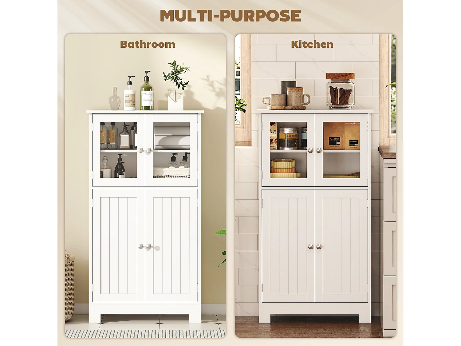 Morreta Freestanding Storage Cabinet with Glass Doors Drawers and Adjustable Shelf for Bathroom or Hallway