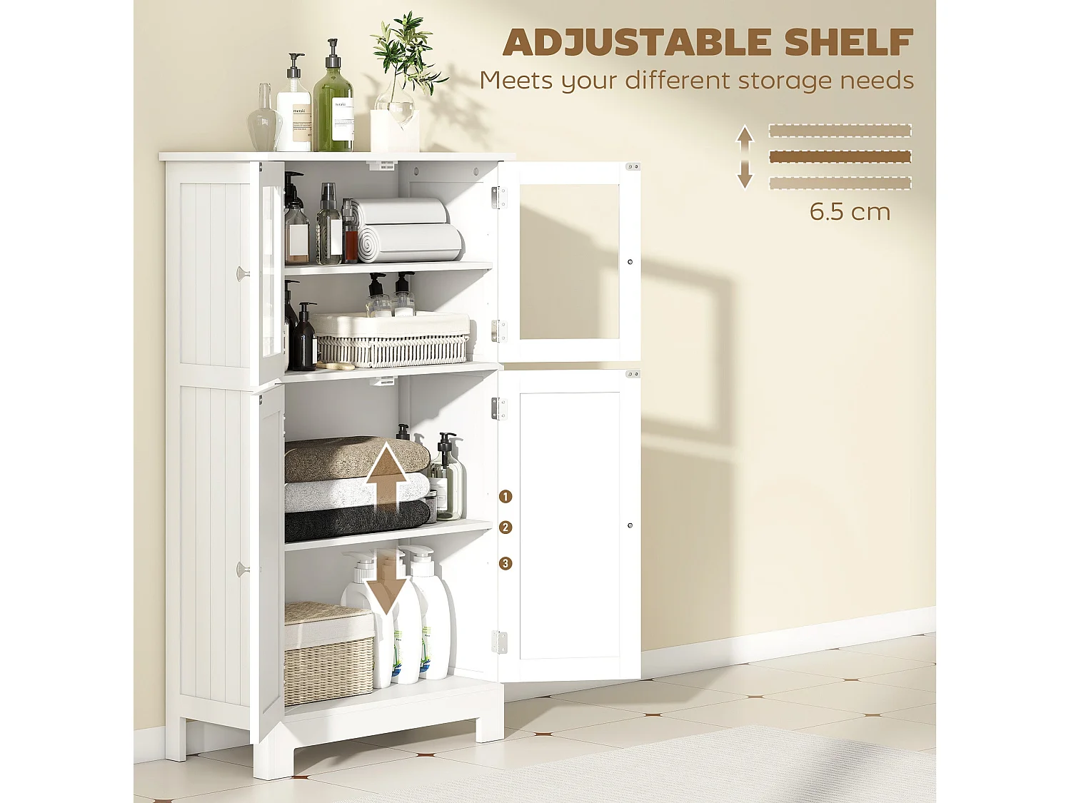 Morreta Freestanding Storage Cabinet with Glass Doors Drawers and Adjustable Shelf for Bathroom or Hallway