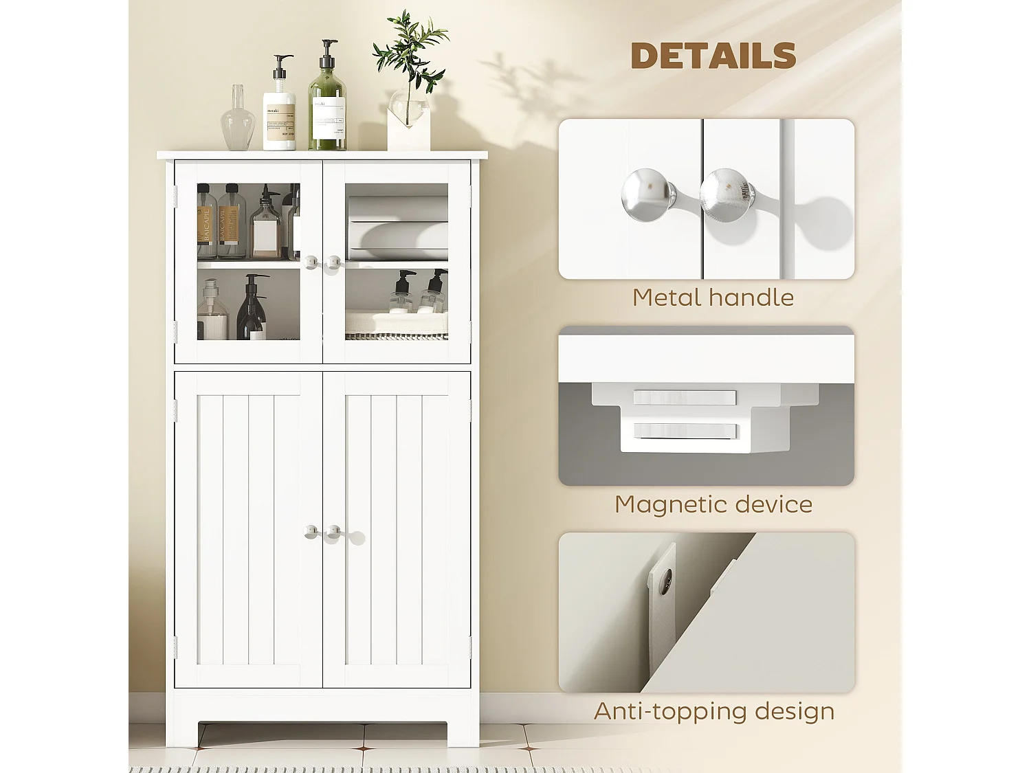 Morreta Freestanding Storage Cabinet with Glass Doors Drawers and Adjustable Shelf for Bathroom or Hallway