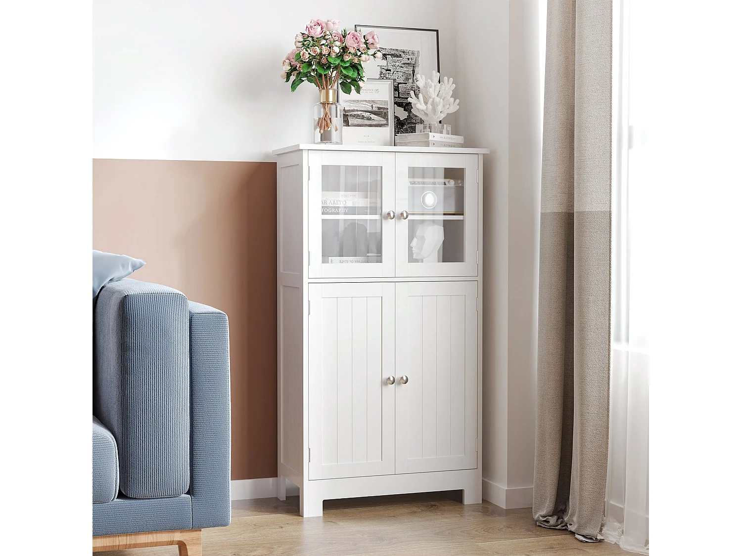 Morreta Freestanding Storage Cabinet with Glass Doors Drawers and Adjustable Shelf for Bathroom or Hallway