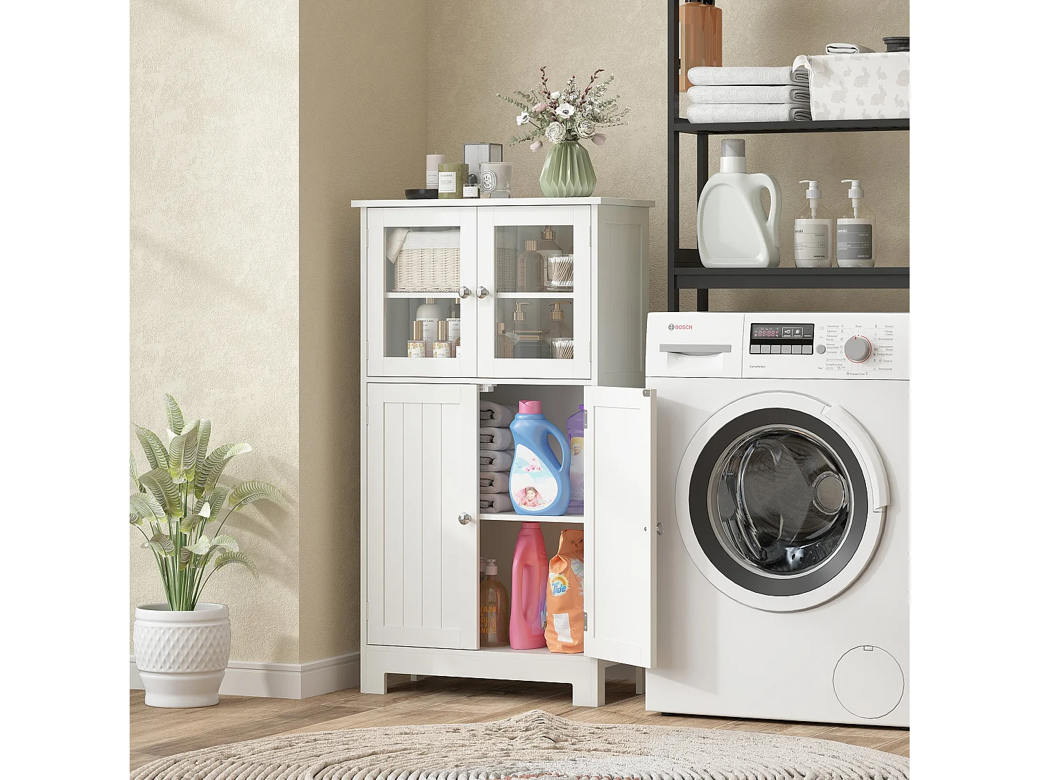 Morreta Freestanding Storage Cabinet with Glass Doors Drawers and Adjustable Shelf for Bathroom or Hallway