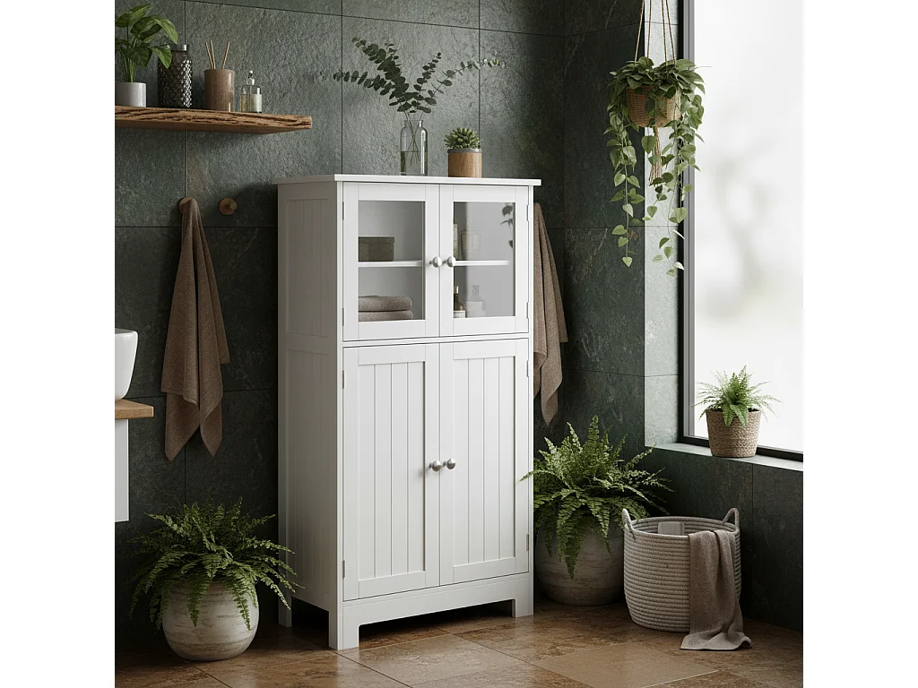 Morreta Freestanding Storage Cabinet with Glass Doors Drawers and Adjustable Shelf for Bathroom or Hallway