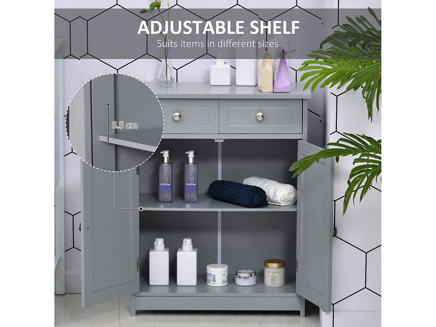 Letare Freestanding Bathroom Cabinet 2 Drawers and Cupboard Grey 75x60x30cm