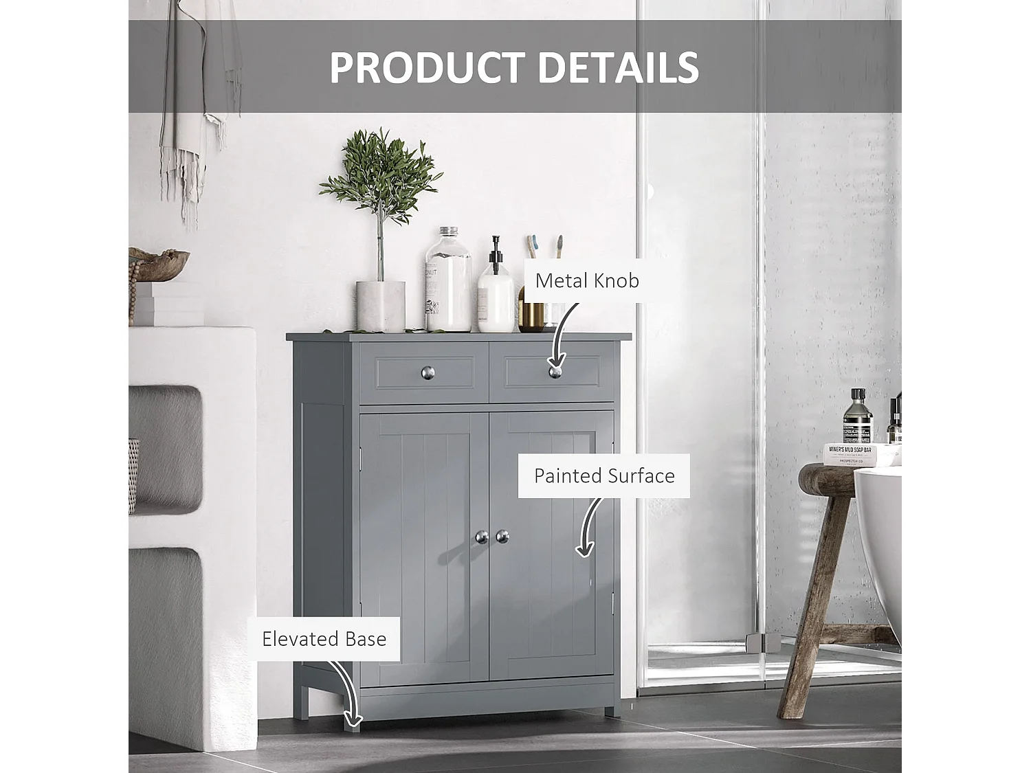 Letare Freestanding Bathroom Cabinet 2 Drawers and Cupboard Grey 75x60x30cm