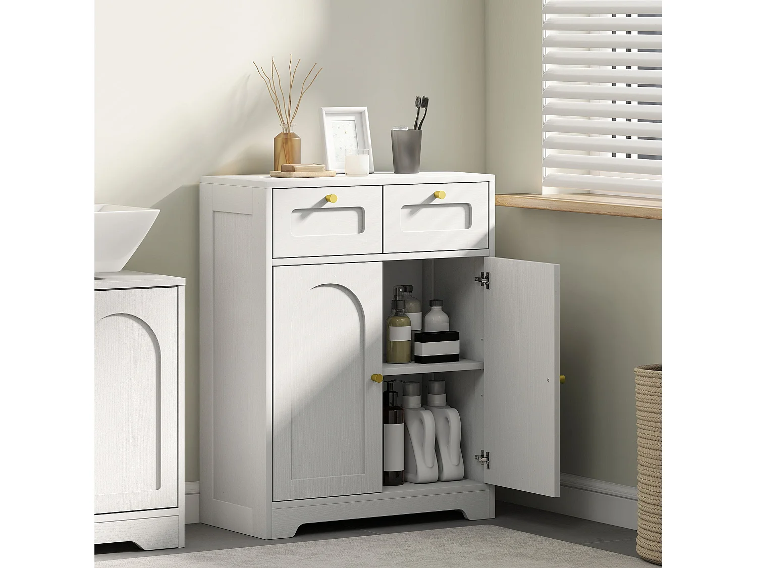 Pareto Bathroom Floor Cabinet with 2 Drawers White with Gold tone Knobs