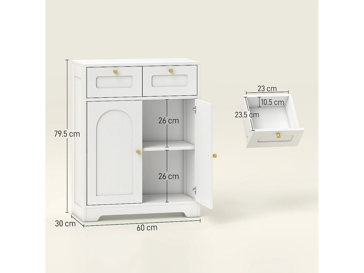 Pareto Bathroom Floor Cabinet with 2 Drawers White with Gold tone Knobs