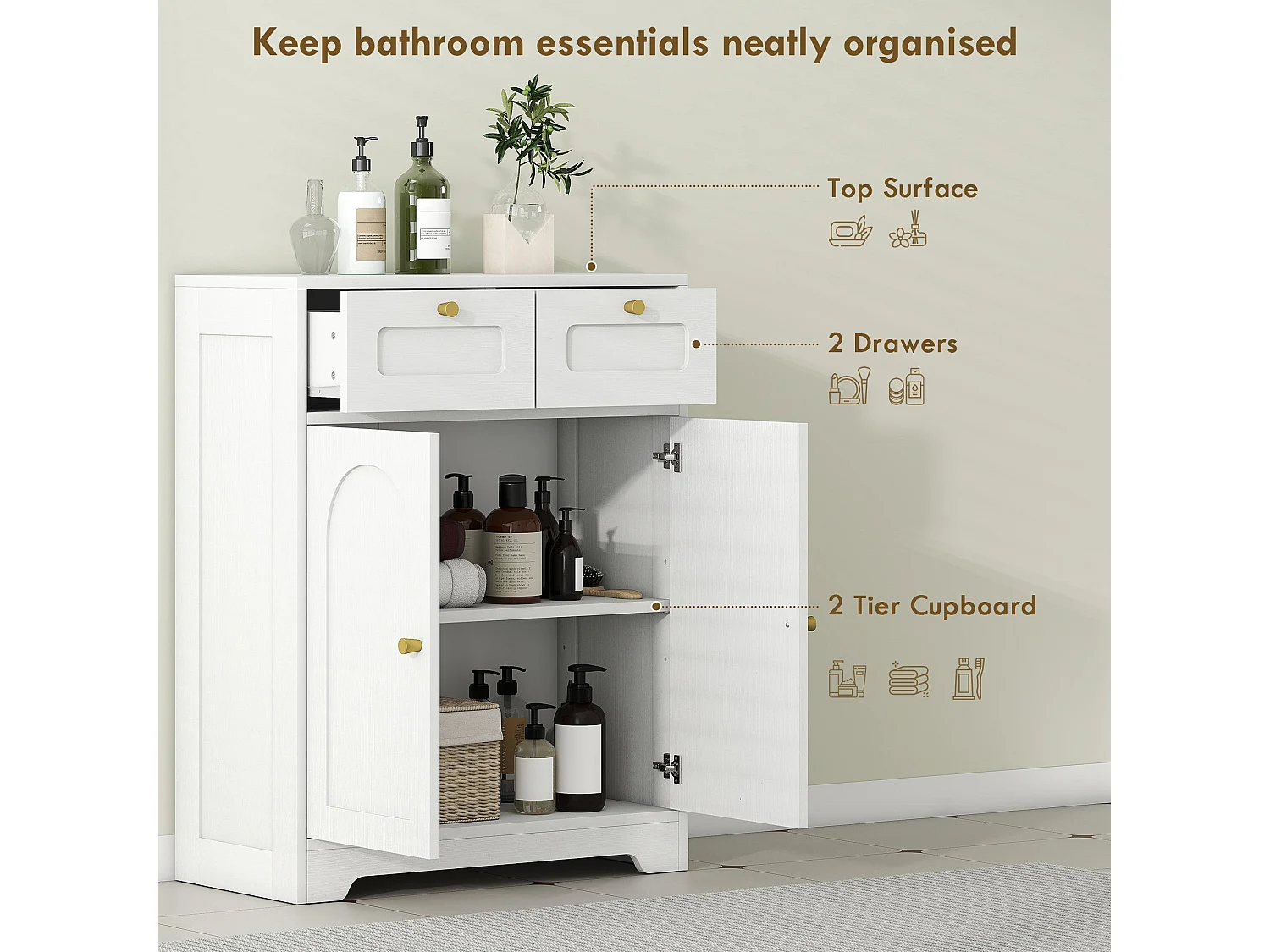 Pareto Bathroom Floor Cabinet with 2 Drawers White with Gold tone Knobs