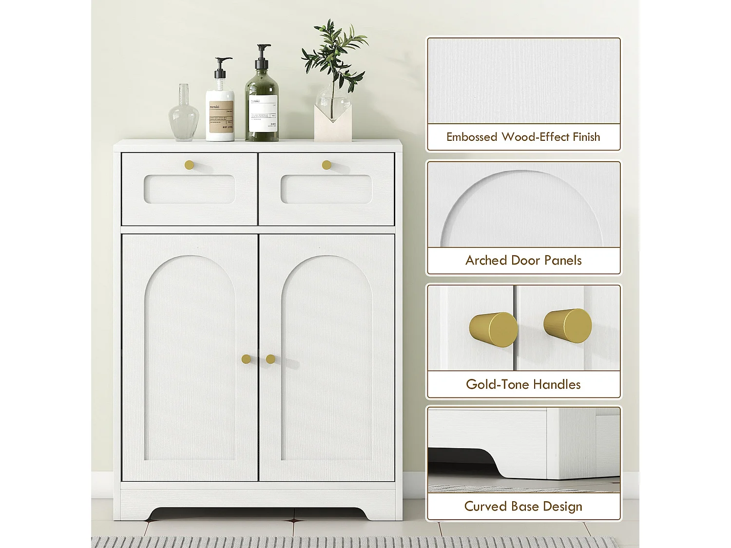 Pareto Bathroom Floor Cabinet with 2 Drawers White with Gold tone Knobs