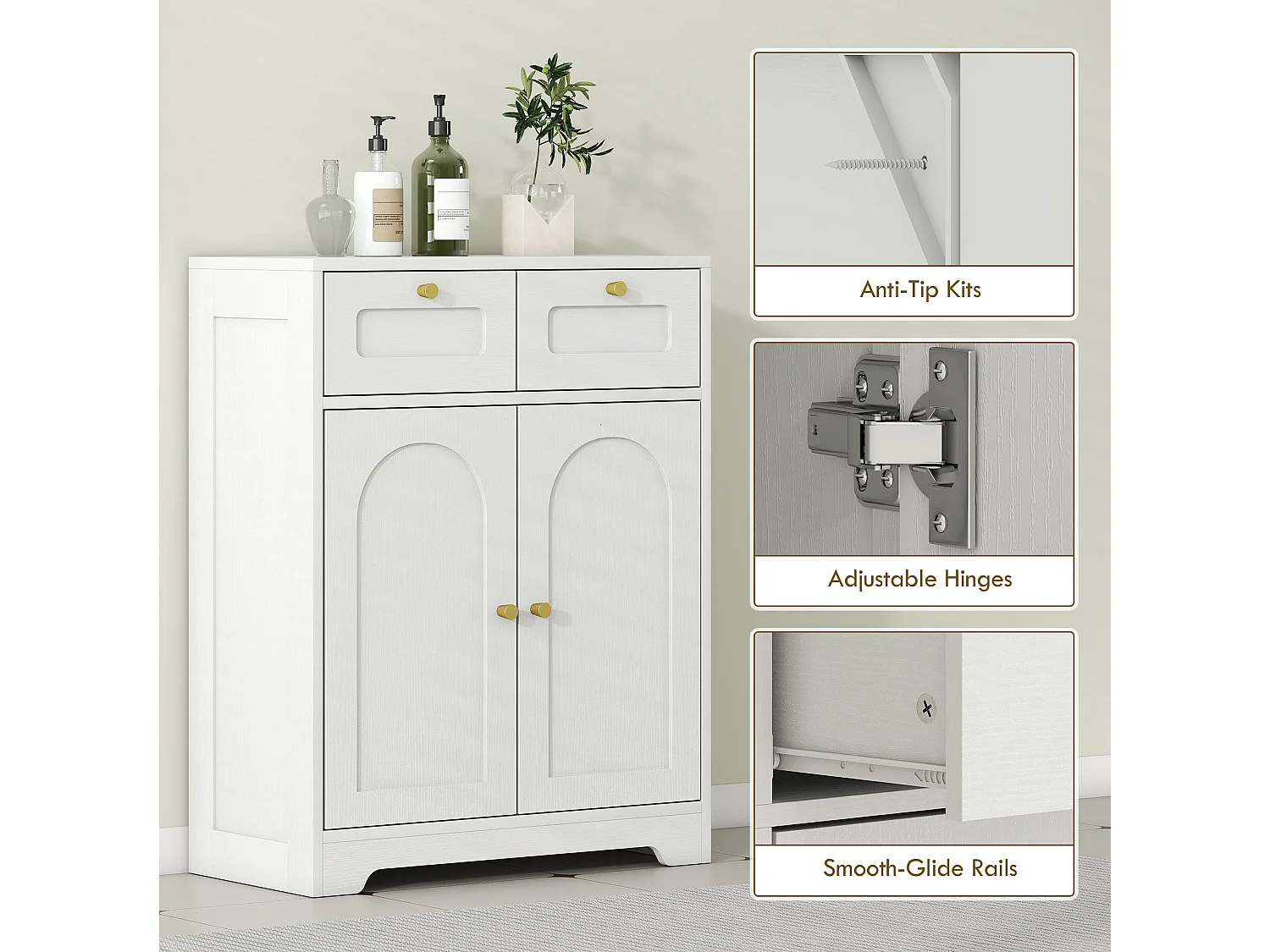 Pareto Bathroom Floor Cabinet with 2 Drawers White with Gold tone Knobs