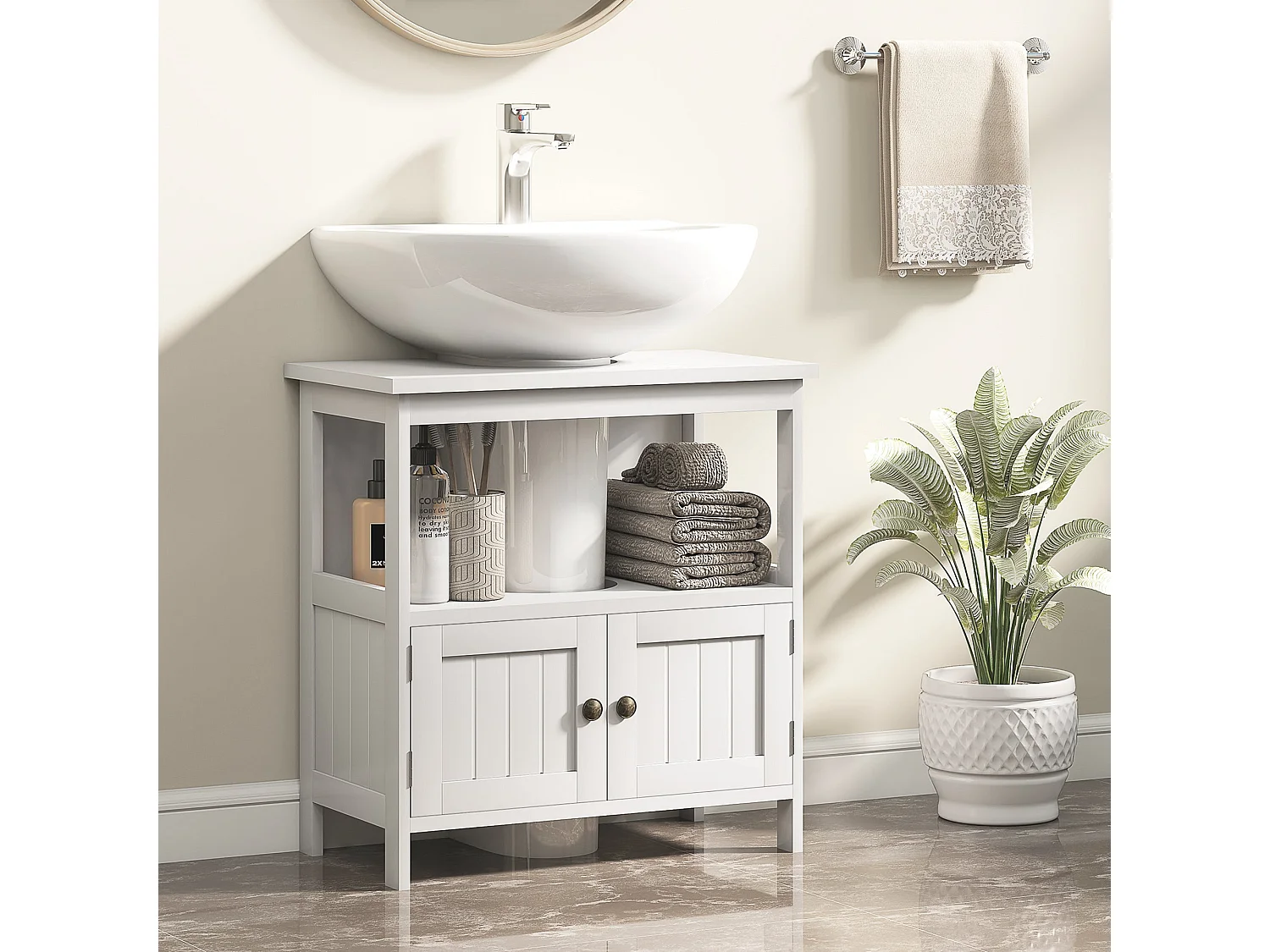 Dalaco White Pedestal Sink Storage Cabinet Double Doors Adjustable Shelves Soft Close