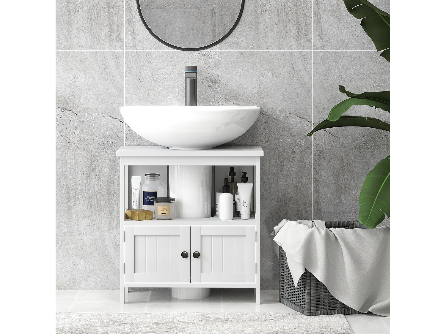 Dalaco White Pedestal Sink Storage Cabinet Double Doors Adjustable Shelves Soft Close