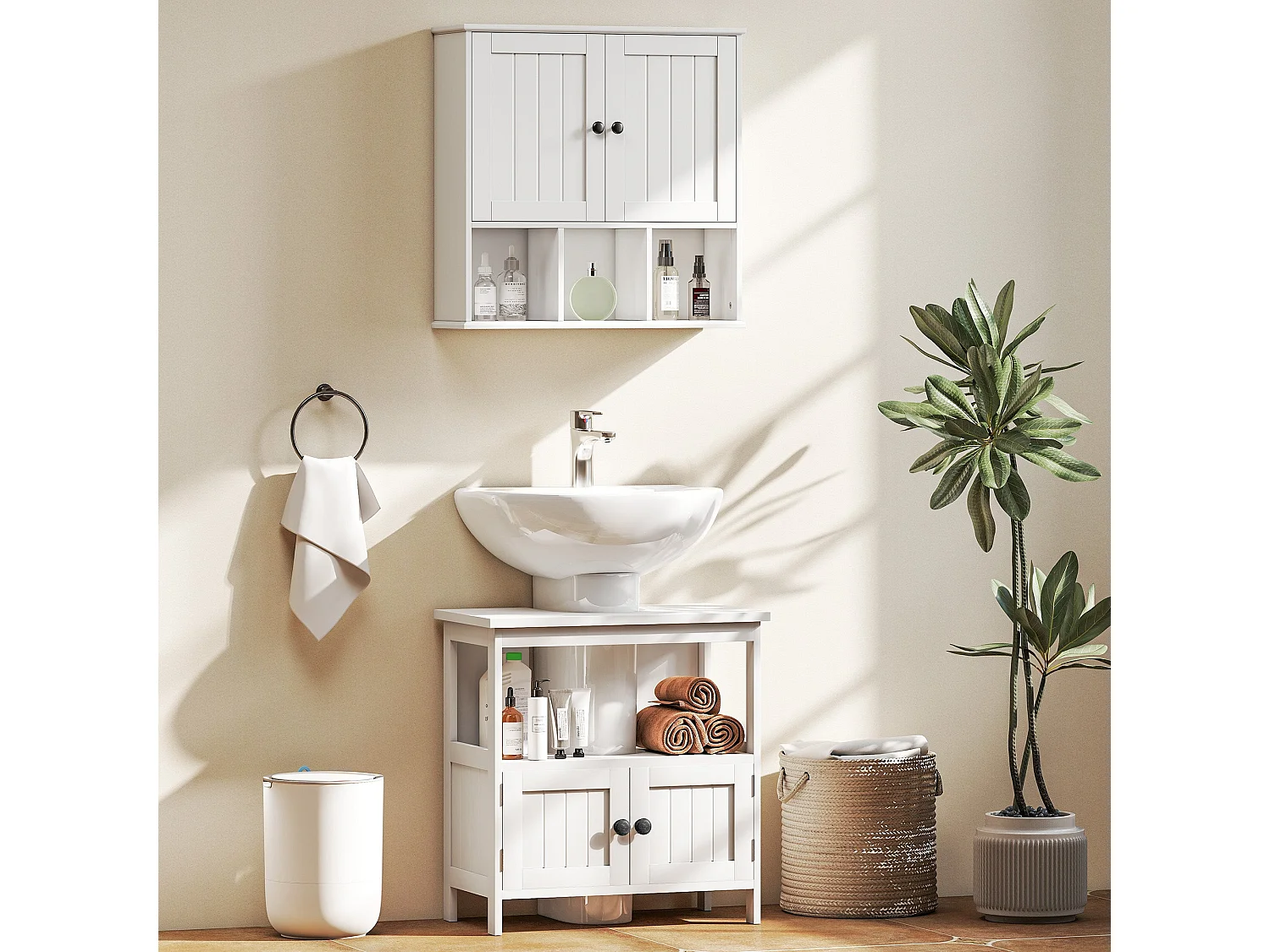 Dalaco White Pedestal Sink Storage Cabinet Double Doors Adjustable Shelves Soft Close