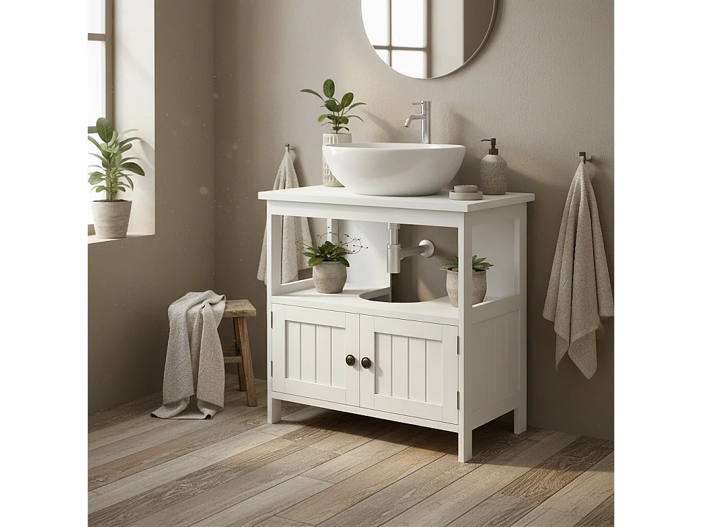 Dalaco White Pedestal Sink Storage Cabinet Double Doors Adjustable Shelves Soft Close