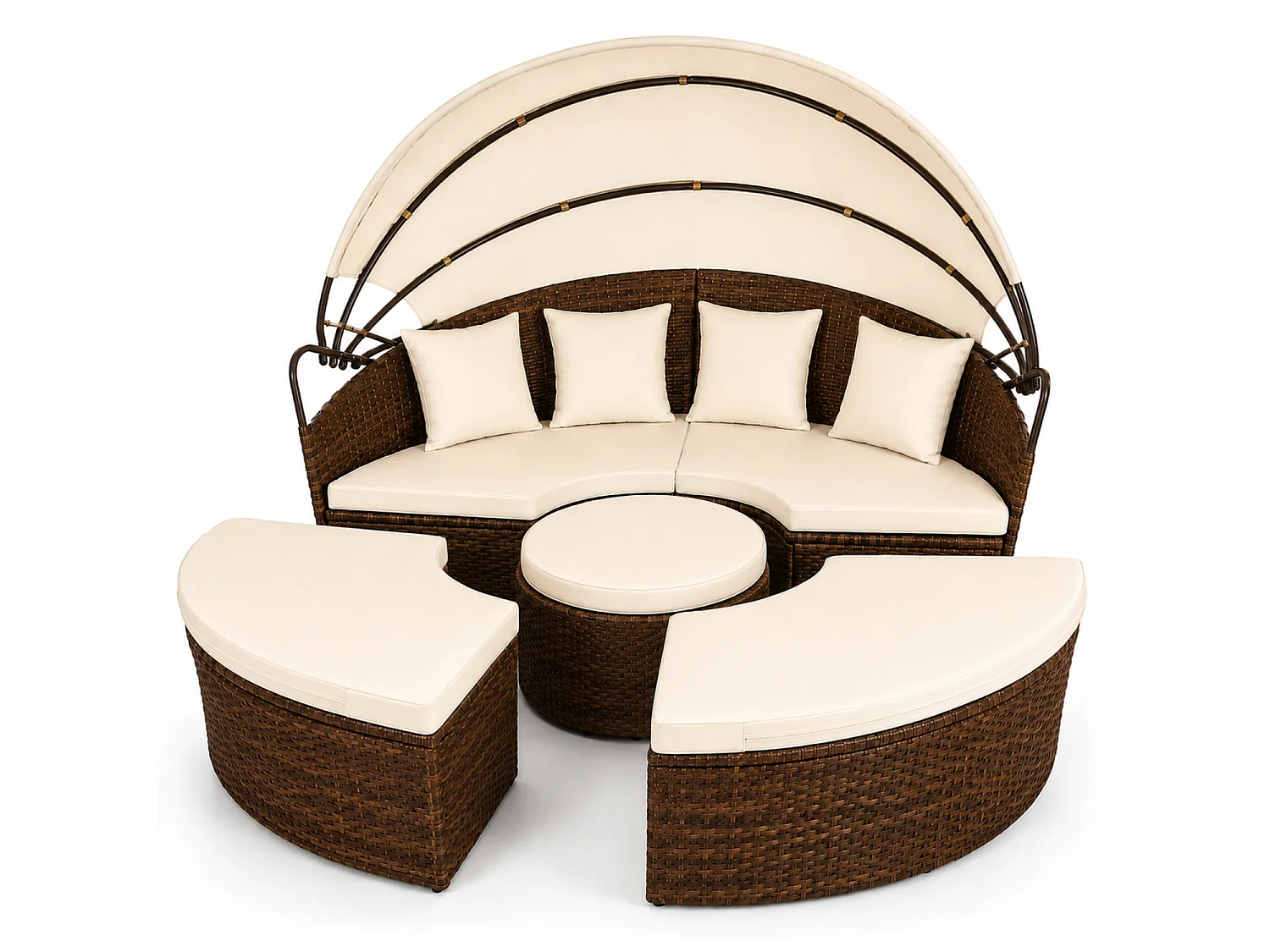 Isola Prendisole Modulare In Polyrattan Con Tettuccio Pieghevole Tavolino Integrato E 4 cuscini Ideale Per Giardino Piscina E Terrazzo Beige E Marrone