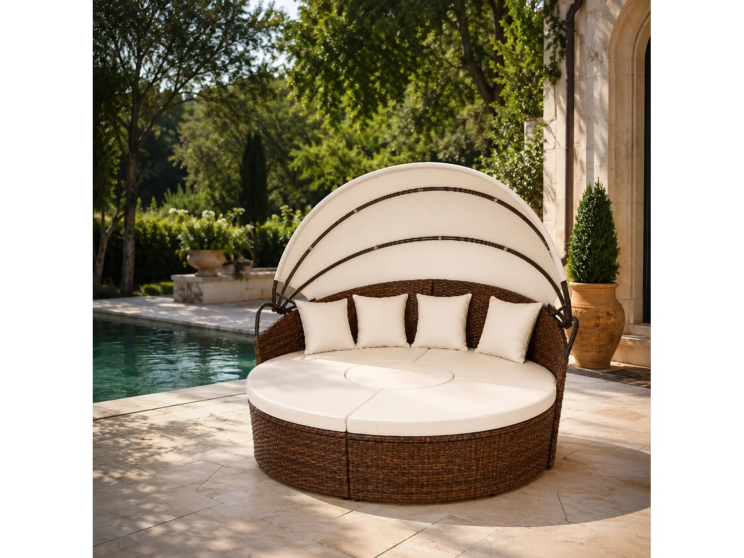 Isola Prendisole Modulare In Polyrattan Con Tettuccio Pieghevole Tavolino Integrato E 4 cuscini Ideale Per Giardino Piscina E Terrazzo Beige E Marrone