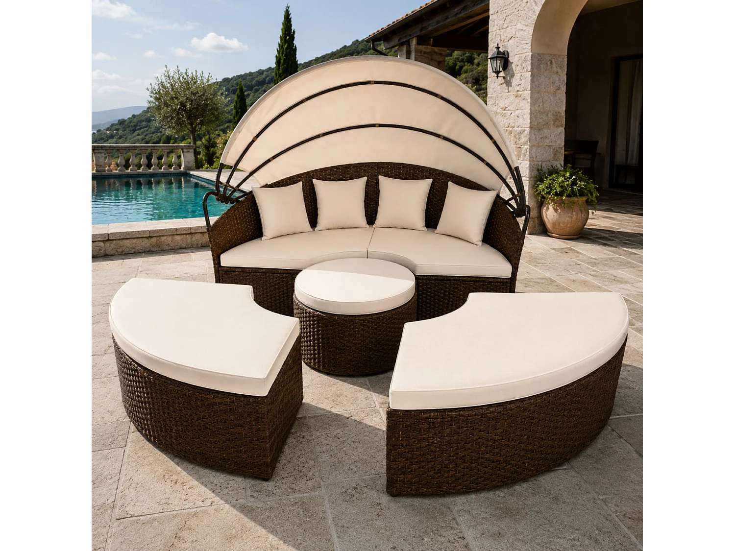 Isola Prendisole Modulare In Polyrattan Con Tettuccio Pieghevole Tavolino Integrato E 4 cuscini Ideale Per Giardino Piscina E Terrazzo Beige E Marrone