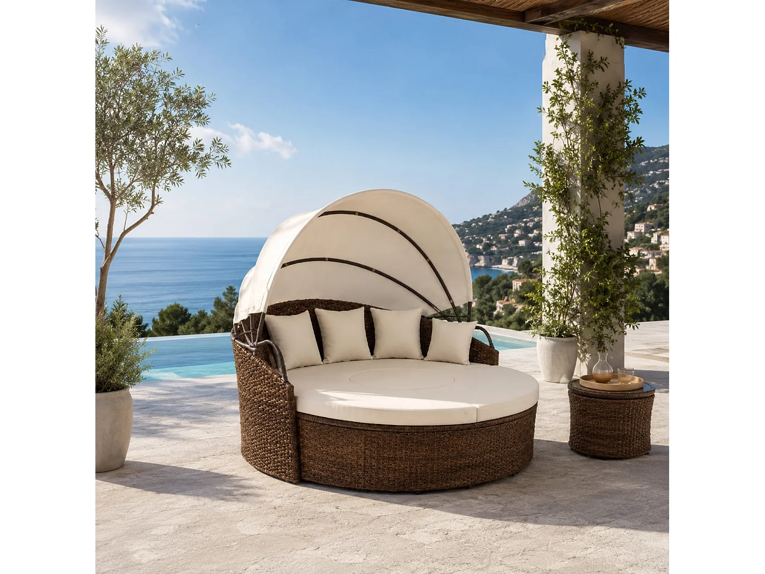 Isola Prendisole Modulare In Polyrattan Con Tettuccio Pieghevole Tavolino Integrato E 4 cuscini Ideale Per Giardino Piscina E Terrazzo Beige E Marrone