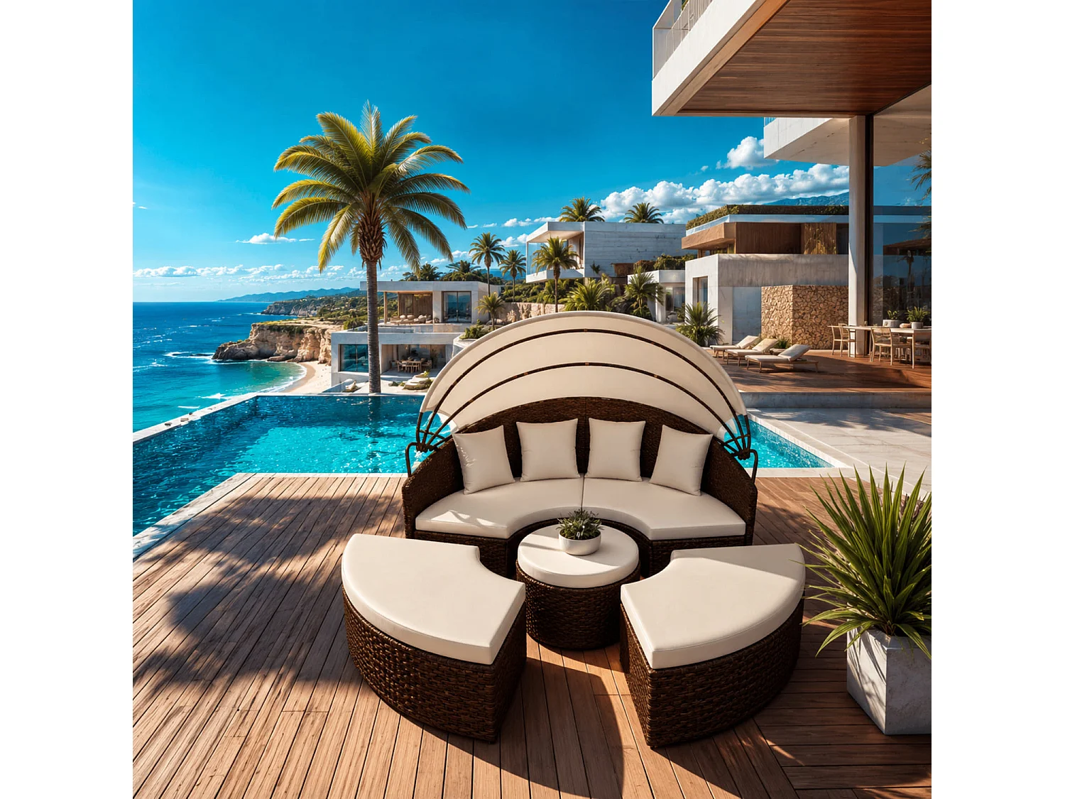 Isola Prendisole Modulare In Polyrattan Con Tettuccio Pieghevole Tavolino Integrato E 4 cuscini Ideale Per Giardino Piscina E Terrazzo Beige E Marrone