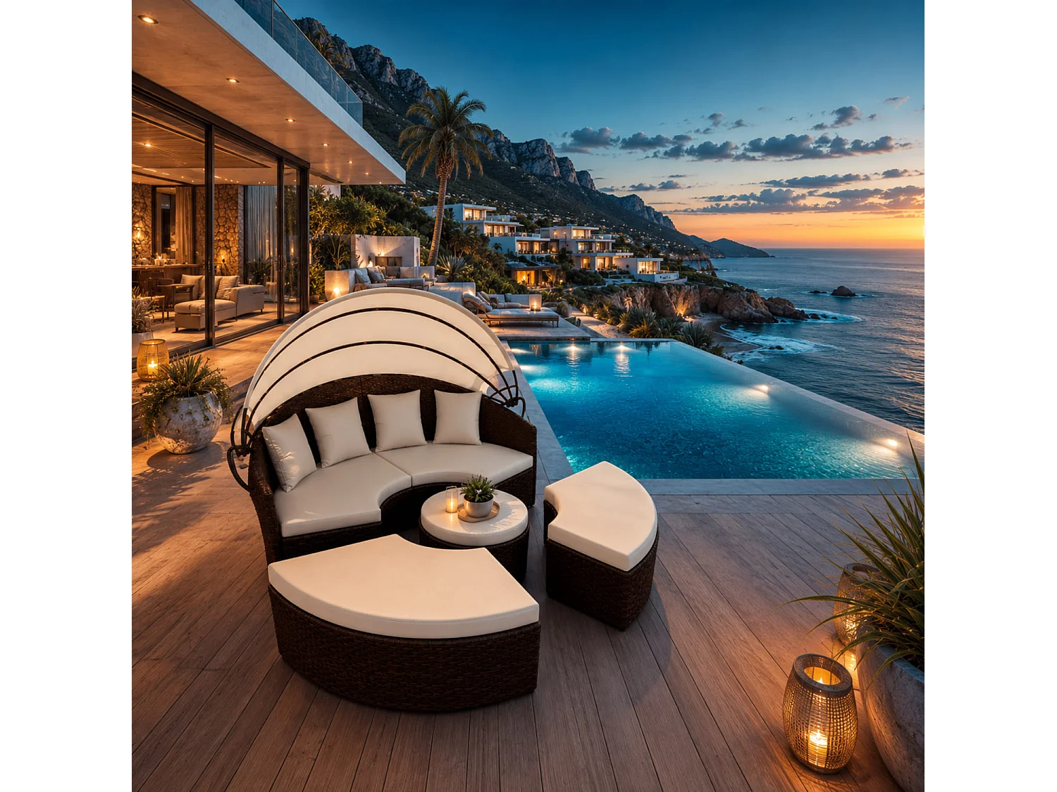 Isola Prendisole Modulare In Polyrattan Con Tettuccio Pieghevole Tavolino Integrato E 4 cuscini Ideale Per Giardino Piscina E Terrazzo Beige E Marrone