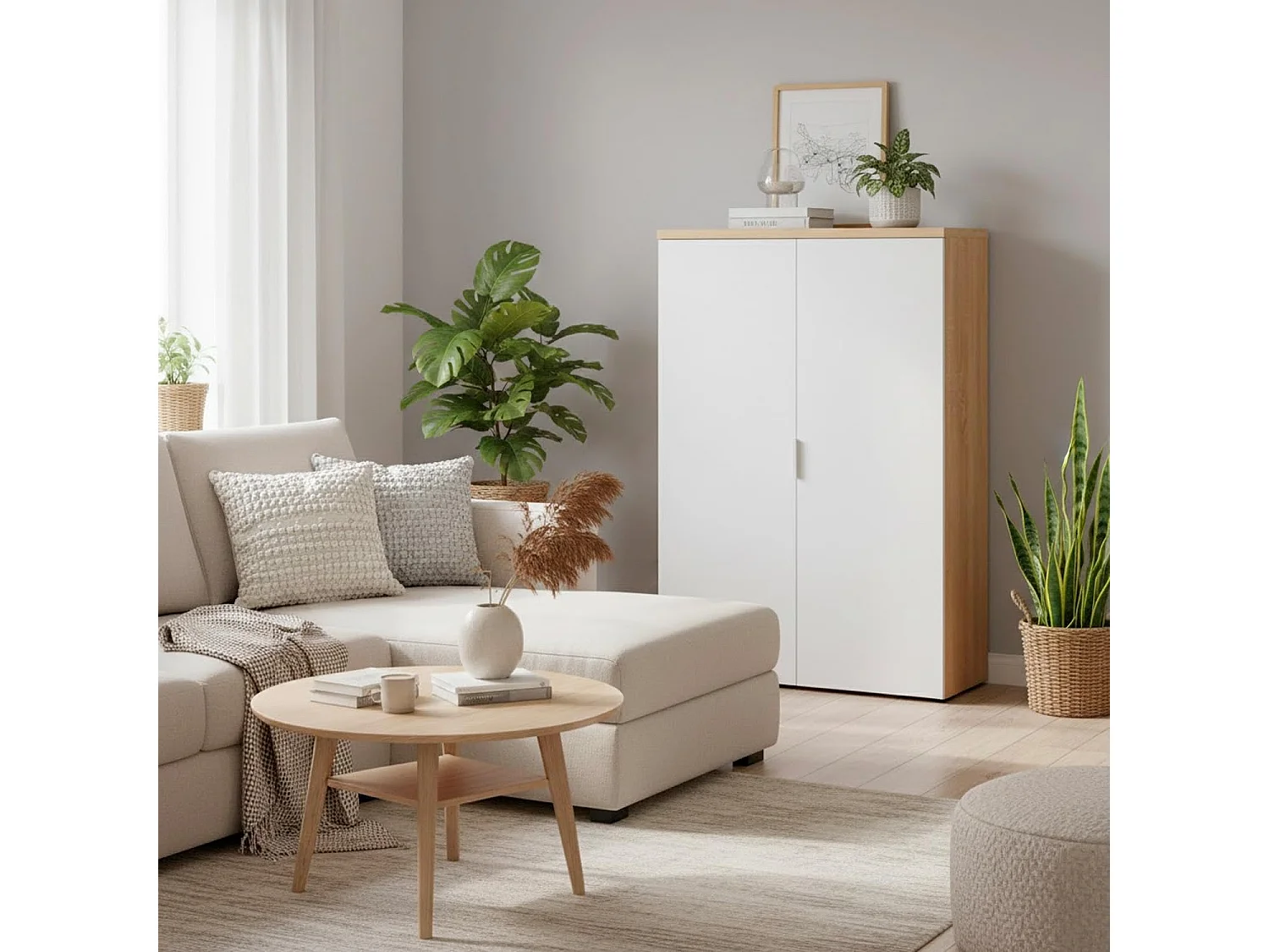 Armadio Multiuso Con 2 Ante E Ripiani Regolabili Mobile Salvaspazio In Melaminico Per Casa Ufficio Lavanderia E Ingresso 80 X 119 X 33 Cm Bianco Opaco E Rovere