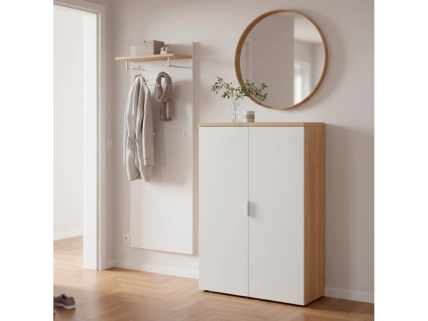 Armadio Multiuso Con 2 Ante E Ripiani Regolabili Mobile Salvaspazio In Melaminico Per Casa Ufficio Lavanderia E Ingresso 80 X 119 X 33 Cm Bianco Opaco E Rovere