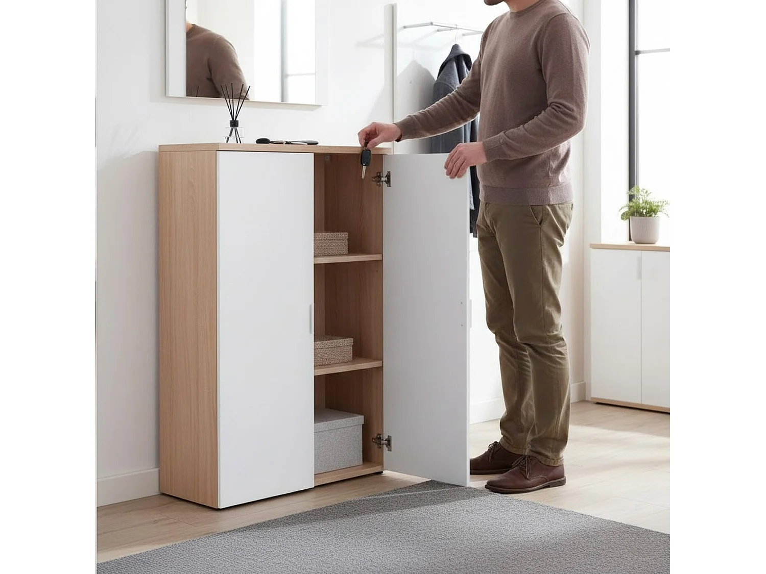 Armadio Multiuso Con 2 Ante E Ripiani Regolabili Mobile Salvaspazio In Melaminico Per Casa Ufficio Lavanderia E Ingresso 80 X 119 X 33 Cm Bianco Opaco E Rovere