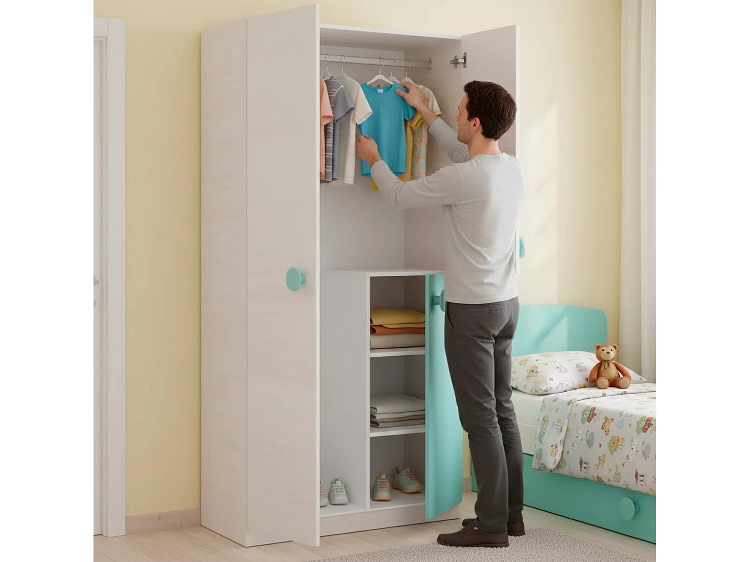 Armadio Guardaroba Compatto Con Barra Appendiabiti E Ripiani Per Cameretta E Camera Da Letto Design Moderno 200 X 90 X 52 Cm Bianco Alpi E Verde Acqua