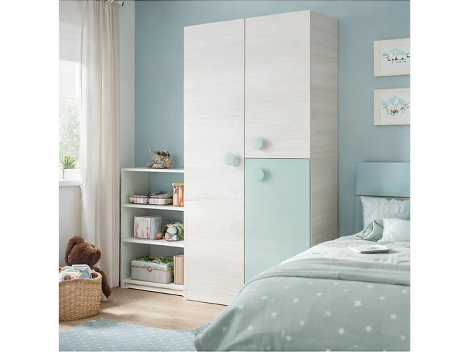 Armadio Guardaroba Compatto Con Barra Appendiabiti E Ripiani Per Cameretta E Camera Da Letto Design Moderno 200 X 90 X 52 Cm Bianco Alpi E Verde Acqua