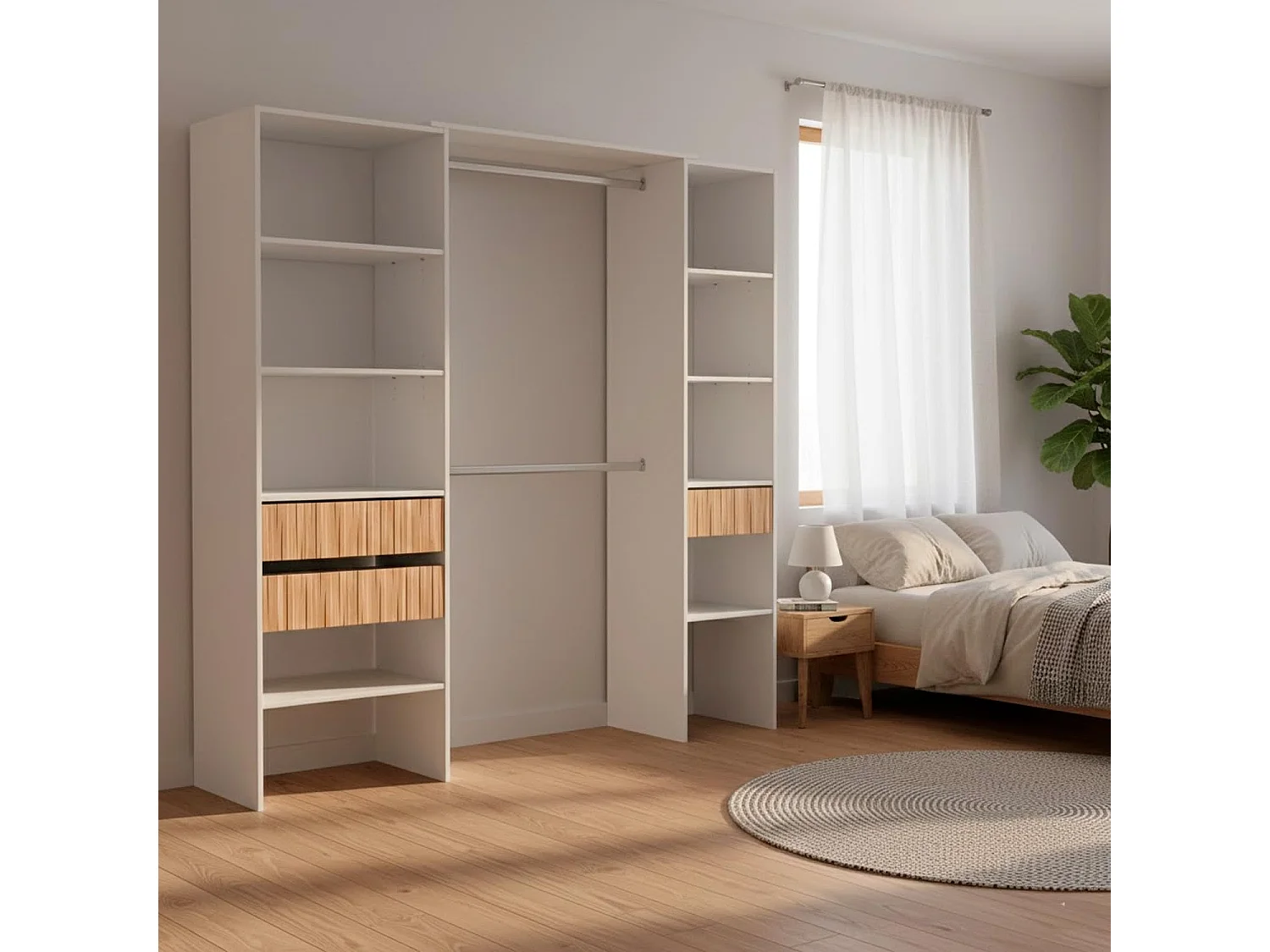 Armadio Guardaroba Aperto Con Ripiani Regolabili 3 Cassetti Doppio Appendiabiti In Alluminio Multiuso Camera Da Letto E Cameretta Bianco E Rovere Listato