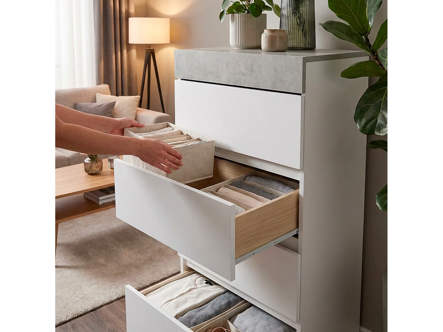 Comò Cassettiera Settimino Per Camera Da Letto Con 5 Cassetti Design Moderno Salvaspazio Con Maniglie Nascoste 110 x 40 x 61 Cm Bianco E Grigio Cemento
