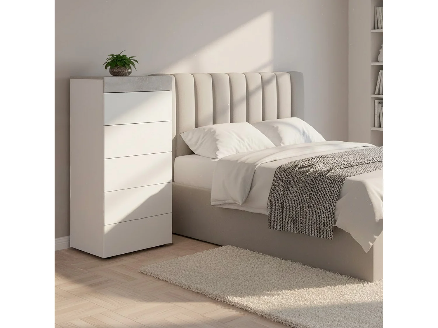Comò Cassettiera Settimino Per Camera Da Letto Con 5 Cassetti Design Moderno Salvaspazio Con Maniglie Nascoste 110 x 40 x 61 Cm Bianco E Grigio Cemento